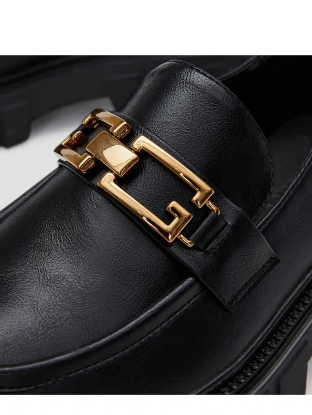 Black Leather Lug-Sole Loafers with Gold Chain Accent
